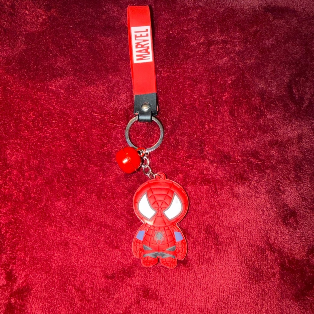 Marvel Spider-Man Keychain Red Rubber Chibi Figure Wristlet Strap with Bell